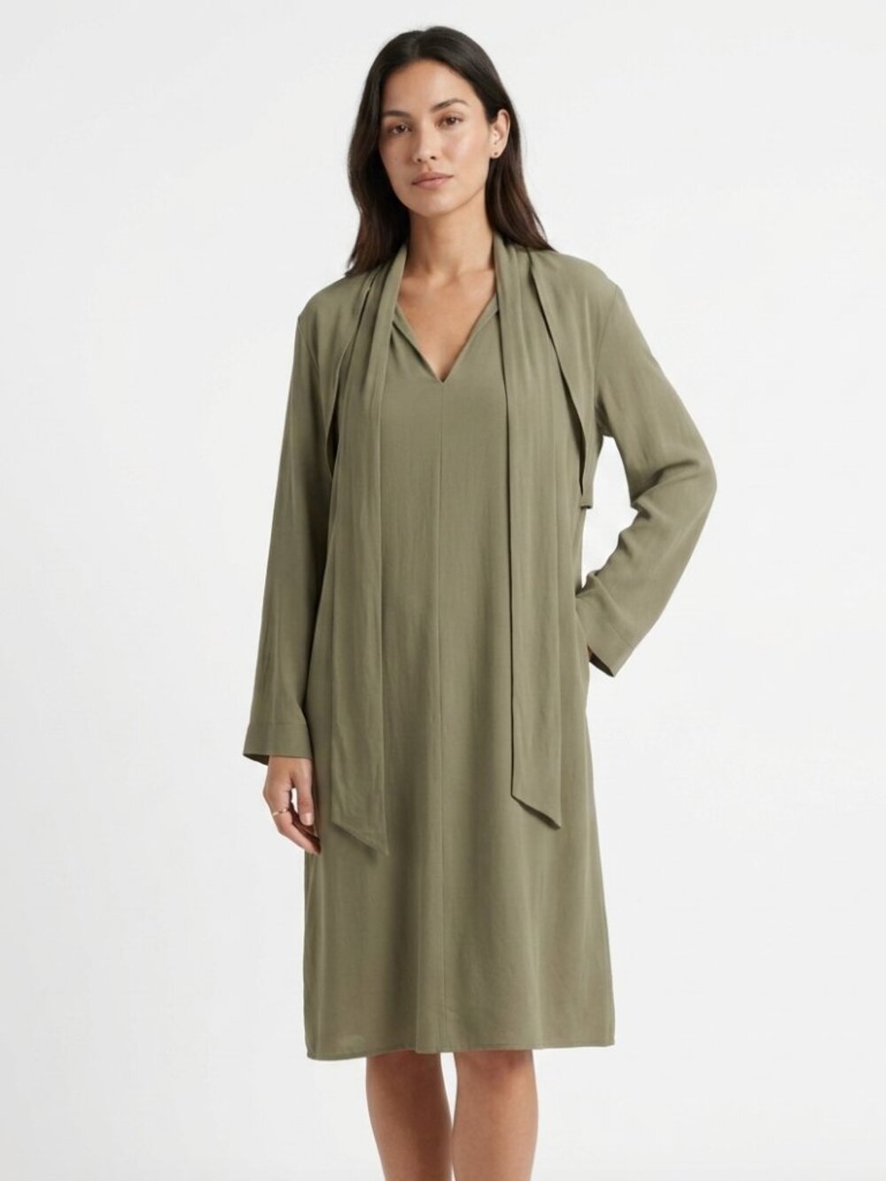 LUISA CERANO MUTED OLIVE GREEN ACETATE SILK BLEND LONG SLEEVE SHIFT DRESS - 16